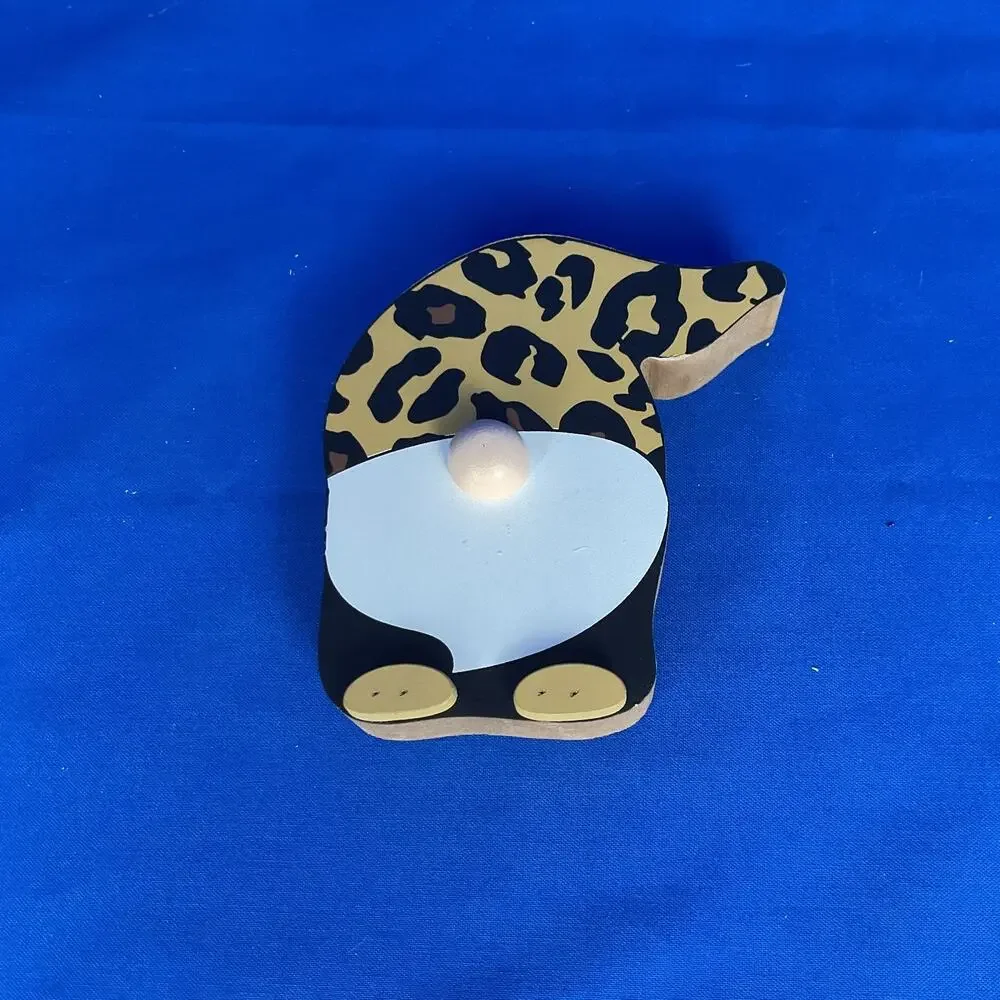 Leopard Print Gnome Shaped Wooden Block Sign Cheetah Animal Pattern Shelf Sitter
